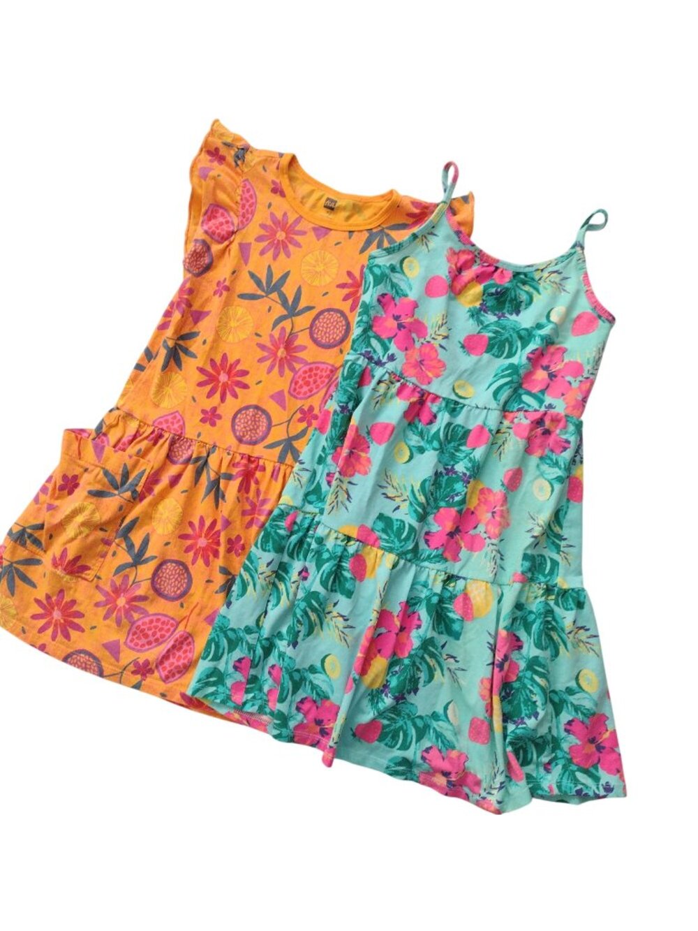 Lot of 2 Cotton Summer Dresses Girls 7 Tea Bright Tropical Print Sundresses